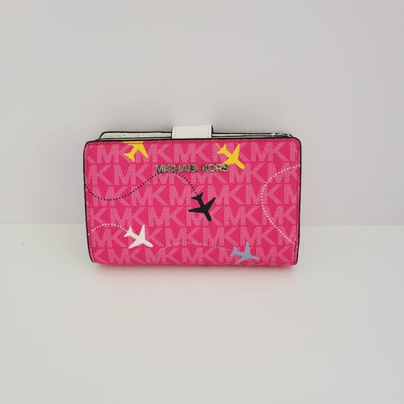 Michael Kors Jet Set Travel Agency Medium Bifold Zip Coin Wallet Dragonfruit - Picture 1 of 8